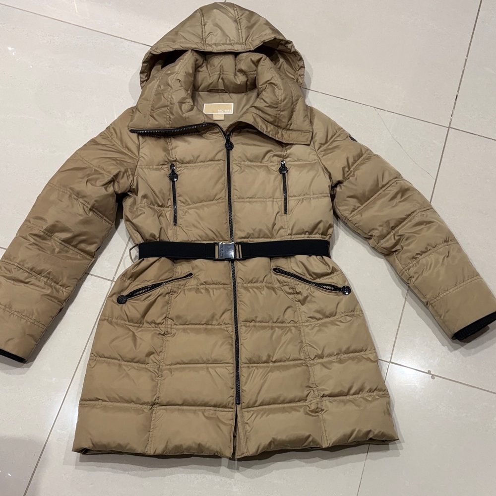 Michael Kors Tan Hooded Down Puffer Coat